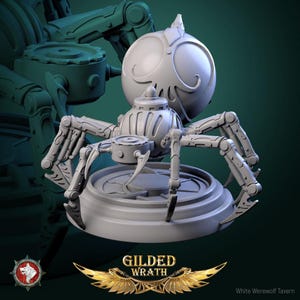 May include: A gray, detailed, mechanical spider with a round, ornate head and eight legs. The spider is standing on a circular base.