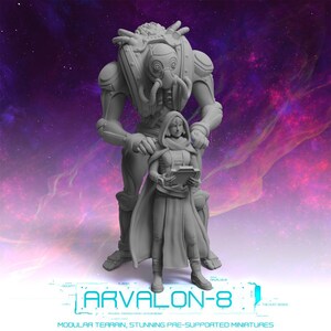 May include: A grey miniature of a female figure holding a tablet, positioned in front of a large robotic figure. The figures are set against a purple and blue space-themed backdrop. The text "ARVALON-8" is displayed at the bottom.
