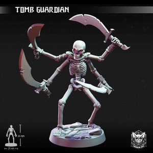 May include: A white skeletal figure with four arms, each holding a curved blade. The figure stands on a circular base with a rocky texture. The figure is approximately 36 mm tall.