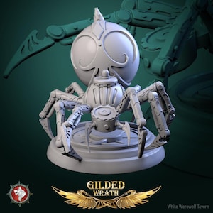 May include: A gray, detailed, mechanical spider miniature with a round, ornate head and eight articulated legs. The spider is standing on a round base with a circular design. The miniature is part of a tabletop game.