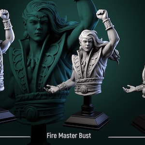 Könnte beinhalten: Graue Fire Master Büste mit langem, fließendem Haar und erhobenen Armen. Die Büste ist auf einem schwarzen Sockel montiert. Die Skulptur weist komplizierte Details an Kleidung und Accessoires auf. Der Text "Fire Master Bust" ist sichtbar.