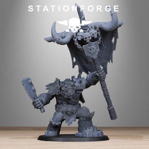 May include: A gray miniature figure of a warrior, holding a large axe and a smaller weapon. The figure is heavily armored and stands on a base. The banner behind the warrior has skulls and a shield. The text "STATIONFORGE" is at the top.