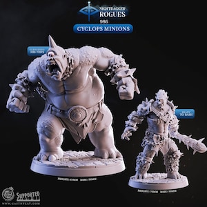 May include: Two unpainted Cyclops Minion figurines from Nightdagger Rogues. The larger figure is clenching its fists, while the smaller one is ready to bash. The larger figure is 6.7cm tall, and the smaller one is 7.5cm tall. The base of both figures is 5cm.
