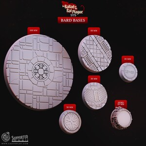 May include: A collection of six circular miniature bases labeled The Ballad of the Rat Plague 979 Bard Bases. Sizes include 100 mm, 50 mm, 35 mm, 30 mm, 25 mm, and a 25 mm Hero base. The bases feature textured stone, sewer grate, and ornate patterns.