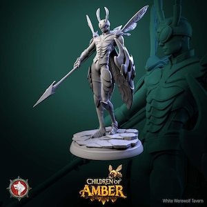 May include: A grey figurine of a humanoid insect warrior, holding a spear and shield. The figure has insect-like wings and antennae. The base of the figurine is a stone-like surface. The logo "Children of Amber" is visible.