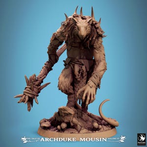 May include: A brown, unpainted resin miniature of a bipedal rat creature standing on a rocky base. The figure features sharp spikes on its shoulders, wears a woven loincloth, and holds a large, spiked wooden club. Text reads: THE TALE OF ARCHDUKE MOUSIN VOLUME III.