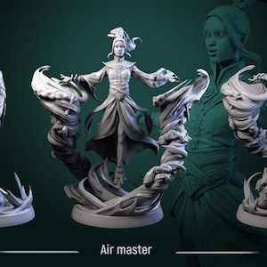 May include: A grey resin miniature figure titled Air master, depicting a character with a high ponytail wearing flowing robes, surrounded by swirling wind effects on a circular base, shown from three different angles in a single image.