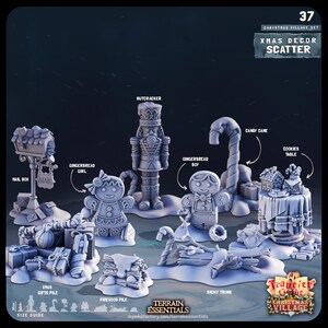 May include: A set of 3D printed miniature Christmas village decor pieces, including a gingerbread girl, gingerbread boy, nutcracker, candy cane, cookies table, mail box, Christmas gifts pile, firewood pile, and snowy trunk. The pieces are painted in a light grey colour.