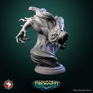 May include: A white sculpture of a spectral figure with a flowing, cloud-like form. The creature has a detailed face and an outstretched hand with claw-like fingers. The base is round, and the background is a dark teal.