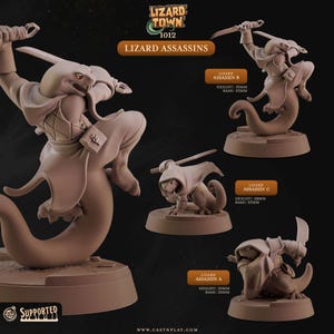 Könnte beinhalten: Eine Sammlung brauner Lizard Assassin Figuren aus Kunstharz. Die Figuren befinden sich in dynamischen Posen, schwingen Schwerter und tragen Umhänge. Der Text "Lizard Town 1012" und "Lizard Assassins" ist sichtbar. Die Basis jeder Figur ist 25 mm.