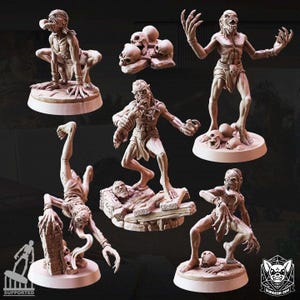 Könnte beinhalten: Eine Sammlung beigefarbener Fantasy-Miniaturen, darunter mehrere groteske humanoide Figuren, Schädel und eine Kreatur mit langer Zunge. Die Figuren stehen auf kreisförmigen Sockeln. Das Wort "SUPPORTED" ist unten links sichtbar.