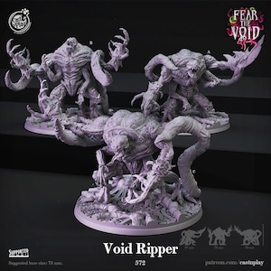 May include: Three detailed, gray Void Ripper miniatures. Each creature has a unique, monstrous design with multiple limbs and sharp features. The miniatures are on circular bases, with the text "FEAR THE VOID" and "Void Ripper" visible.