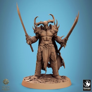 May include: A detailed figurine of a skeletal warrior with large horns, wearing armor and a cape, holding two large swords. The figure has a skull on its chest and stands on a circular base. The color is a muted brown.