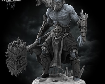 May include: A grey-toned resin figurine of a muscular, bearded warrior with long hair, wearing a skull-adorned belt and armour, holding a large, spiked hammer. The base features icy textures, and the text STORMBORN COLLECTIBLES appears in the top left corner.