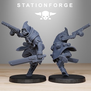 May include: Two grey resin miniature figurines from StationForge, each wearing a hooded cloak and gas mask. They are posed in a dynamic running stance, holding a futuristic pistol in one hand and a long, serrated chainsword in the other.