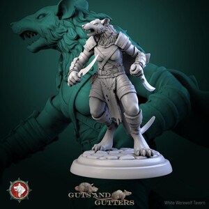 May include: A grey figurine of a humanoid rat warrior, wielding two curved blades. The figure is wearing armour and stands on a circular base. The background features a larger, shadowy rat-like figure. The words "Guts and Gutters" and "White Werewolf Tavern" are visible.