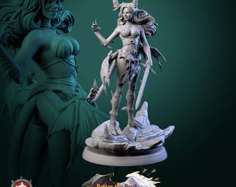 May include: A gray resin miniature figurine of a horned demon character with long hair, wearing a bikini top and skirt, holding a sword, standing on a rocky base. The text "Better the Devil you know" is displayed at the bottom.