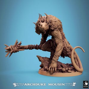 May include: A brown, unpainted miniature figurine of a hunched, anthropomorphic rat creature with sharp teeth, fur texture, and a long tail. It holds a spiked club wrapped in rope and stands on a rocky base. Text reads: THE TALE OF ARCHDUKE MOUSIN VOLUME III.