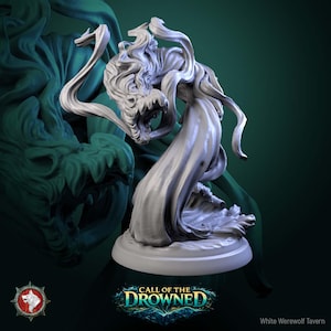 May include: A white miniature figure of a monster with a large mouth and flowing, ghostly shapes. The figure is on a circular base, with the text "CALL OF THE DROWNED" visible. The image has a fantasy and horror theme.
