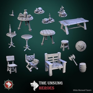 Tavern Fixtures Terrain Set – Tables, Chairs, Barrels, Food and Inn Props – The Unsung Heroes – White Werewolf Tavern – D&D DnD RPG