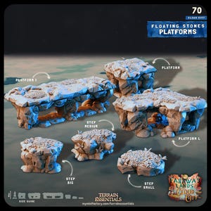 Op de afbeelding: Een verzameling zwevende stenen platforms en trappen, ideaal voor tabletop gaming. De platforms hebben een getextureerd, rotsachtig uiterlijk en variëren in grootte en vorm. De afbeelding bevat de tekst "Floating Stones Platforms" en "Terrain Essentials".