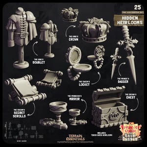May include: A collection of miniature fantasy-themed objects, including a doublet, crown, chest, dagger, mirror, and scrolls. The set is labeled "Hidden Heirlooms" and includes the text "Terrain Essentials" and "The Lost Castle".