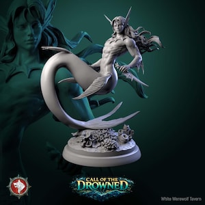 May include: A detailed sculpture of a merman with long flowing hair, a muscular torso, and a fish tail. The merman is posed on a base with coral and the text "CALL OF THE DROWNED". The sculpture is a light grey colour.
