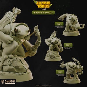 Könnte beinhalten: Eine Sammlung grüner Ranger Toad-Figuren mit Bögen und Pfeilen. Die Figuren befinden sich in verschiedenen Posen, mit dem Text "Jungle Toads" und "Ranger Toads". Die Höhe der Figuren variiert von 20 mm bis 30 mm, mit einer Basis von 25 mm.