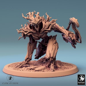 May include: A detailed, brown, tree-like figure with a menacing expression, posed on a circular base. The figure has gnarled limbs and a textured appearance, suggesting a fantasy or tabletop gaming theme. The base has the text "Curse of Briar".