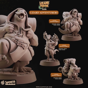 Pode incluir: Uma coleção de figuras de Lizard Adventurer. As figuras estão em várias poses, com mochilas e equipamento. O texto "Lizard Town 1006" e "Lizard Adventurers" é visível. As figuras têm entre 3,5 cm e 3,9 cm de altura, com bases de 2,5 cm.
