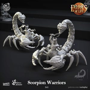 May include: Two detailed, light-colored Scorpion Warrior figurines. Each scorpion has a warrior riding on its back, holding a weapon. The figurines are part of the "Echoes of Life" collection. The text "Scorpion Warriors" is displayed below the figurines.