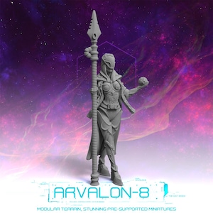 May include: A gray 3D printed miniature of a female figure wearing a long coat and holding a spear and a sphere. The figure is standing on a gray base. The background is a purple and pink nebula.