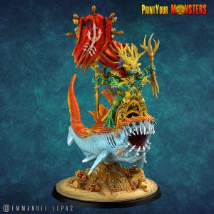 May include: A detailed figurine of a sea creature riding a shark. The creature is green and gold, holding a trident and banner. The shark is light blue with orange fins and a wide-open mouth. The base is a sandy color, and the text "PrintYourMonsters" is visible.