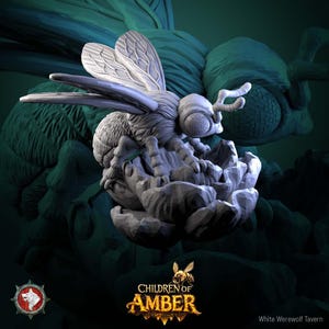 May include: A detailed, grey sculpture of a large insect with intricate wing and body details, perched on a stylized floral base. The sculpture has a textured surface and is set against a dark green background. The logo "CHILDREN OF AMBER" is visible.