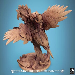 May include: A tan-coloured miniature figurine depicting a knight in armour riding a large bird with expansive, detailed wings. The figure holds a spear and is mounted on a base with swirling textures. Text at the bottom reads THE TALE OF ARCHDUKE MOUSIN VOLUME III.