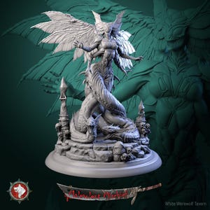 May include: A grey 3D printed miniature of a female figure with wings, standing on a serpent with a skull base. The figure has a crown and is holding a staff. The text "Malevolent Mischief" is visible at the bottom of the image.