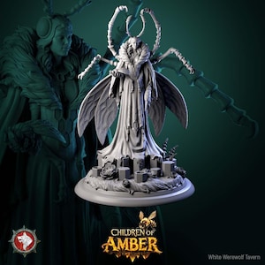 May include: A detailed, grey figurine of a woman with insect-like wings and antennae, wearing a long gown and fur-trimmed cloak. The figurine is on a round base with small, square structures and floral accents. The Children of Amber logo is visible.