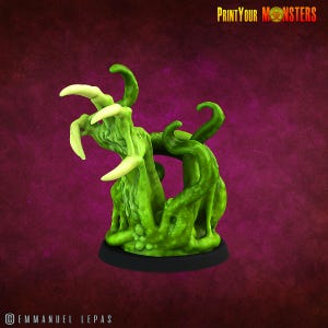 May include: A green monster figurine with sharp, off-white claws and tentacles. The figurine is on a black base, with the text "PrintYourMonsters" in the upper right corner. The background is a dark purple.