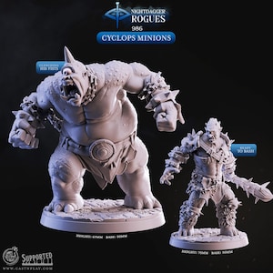 Könnte beinhalten: Zwei Cyclops Minions Figuren. Die größere, mit der Aufschrift "Clenching His Fists", ist 6,7 cm hoch. Die kleinere, mit der Aufschrift "Ready to Bash", ist 7,5 cm hoch. Beide sind grau und weisen komplizierte Details auf, darunter Rüstungen und Waffen. Der Text "NIGHTDAGGER ROGUES 986 CYCLOPS MINIONS" ist ebenfalls sichtbar.