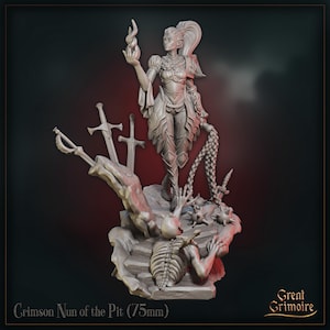 May include: A detailed 3D-printed figurine of the "Crimson Nun of the Pit." The figure is a female warrior holding a flame, standing on a rocky base with swords and a skeleton. The figurine is approximately 7.5 cm tall. The Great Grimoire logo is in the bottom right corner.