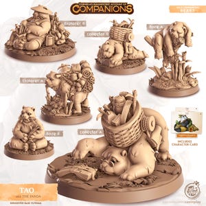 May include: A collection of detailed, beige-colored bear figurines, each in a unique pose and carrying various items. The figurines are labeled with titles like "Explorer" and "Collector." The image includes the text "TAO aka THE PANDA" and "WILD COMPANIONS BEARS."