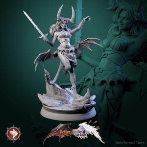 May include: A gray painted figurine of a female demon with horns, wings, and a tail. She is holding a sword and standing on a rocky base. The figurine is part of a tabletop game.