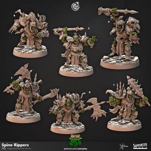 May include: A set of five green-skinned orc miniature figures labeled A through F, each wearing bone-adorned armor and standing on a stone base. The figures hold various weapons including spears, axes, and clubs. Text includes Spine Rippers and 35 mm.