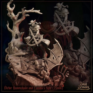Könnte beinhalten: Detaillierte Skulptur, die eine Figur mit Armbrust zeigt, die einen Hut und einen Umhang trägt und über einer gefallenen Kreatur mit fledermausartigen Flügeln steht. Die Skulptur steht auf einem felsigen Sockel mit einem Baum. Text: "Victor Ravenshade and Camilla's fight (75mm)".
