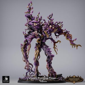Könnte beinhalten: Eine 75mm Violet Fungus Titan Miniaturfigur in humanoider Form, bestehend aus verdrehten, wurzelartigen Strukturen in Violett- und Brauntönen, bedeckt mit zahlreichen kleinen Pilzgewächsen und mehreren kleinen weißen Schädeln im Oberkörper.