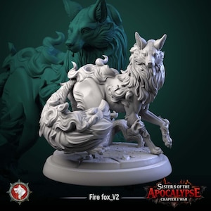 May include: A light grey miniature figurine of a fox with stylised, flame-like fur textures standing on a circular base. The text "Fire fox_V2" and "SISTERS OF THE APOCALYPSE CHAPTER I: WAR" is visible at the bottom of the image along with a small logo.