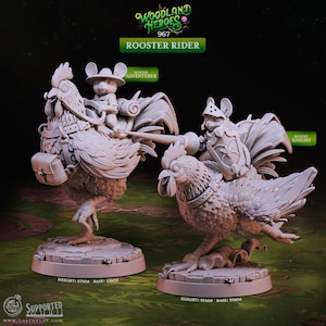 May include: Two detailed figurines of mice riding roosters. One mouse is labeled "Mouse Adventurer" and the other "Mouse Knight." The rooster figurines are on circular bases. The text "Woodland Heroes" and "Rooster Rider" are at the top.