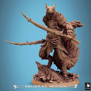 May include: A brown, unpainted resin miniature of an anthropomorphic squirrel warrior standing on a rocky base with mushrooms. The figure holds two long, thorn-covered wooden swords. The base features the text THE TALE OF ARCHDUKE MOUSIN VOLUME III.