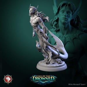 May include: A grey sculpture of a merman with long flowing hair and a fishtail. The figure is posed as if swimming, with intricate details on the torso and tail. The base is round, and the sculpture is set against a dark green background. The text "CALL OF THE DROWNED" is visible.