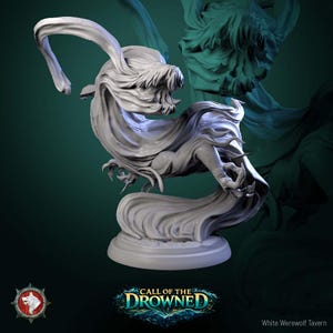 May include: A white 3D-printed figurine of a creature with flowing hair and clawed hands. The figure is dynamically posed, with a base for stability. The text "CALL OF THE DROWNED" is visible at the bottom, suggesting a fantasy theme.